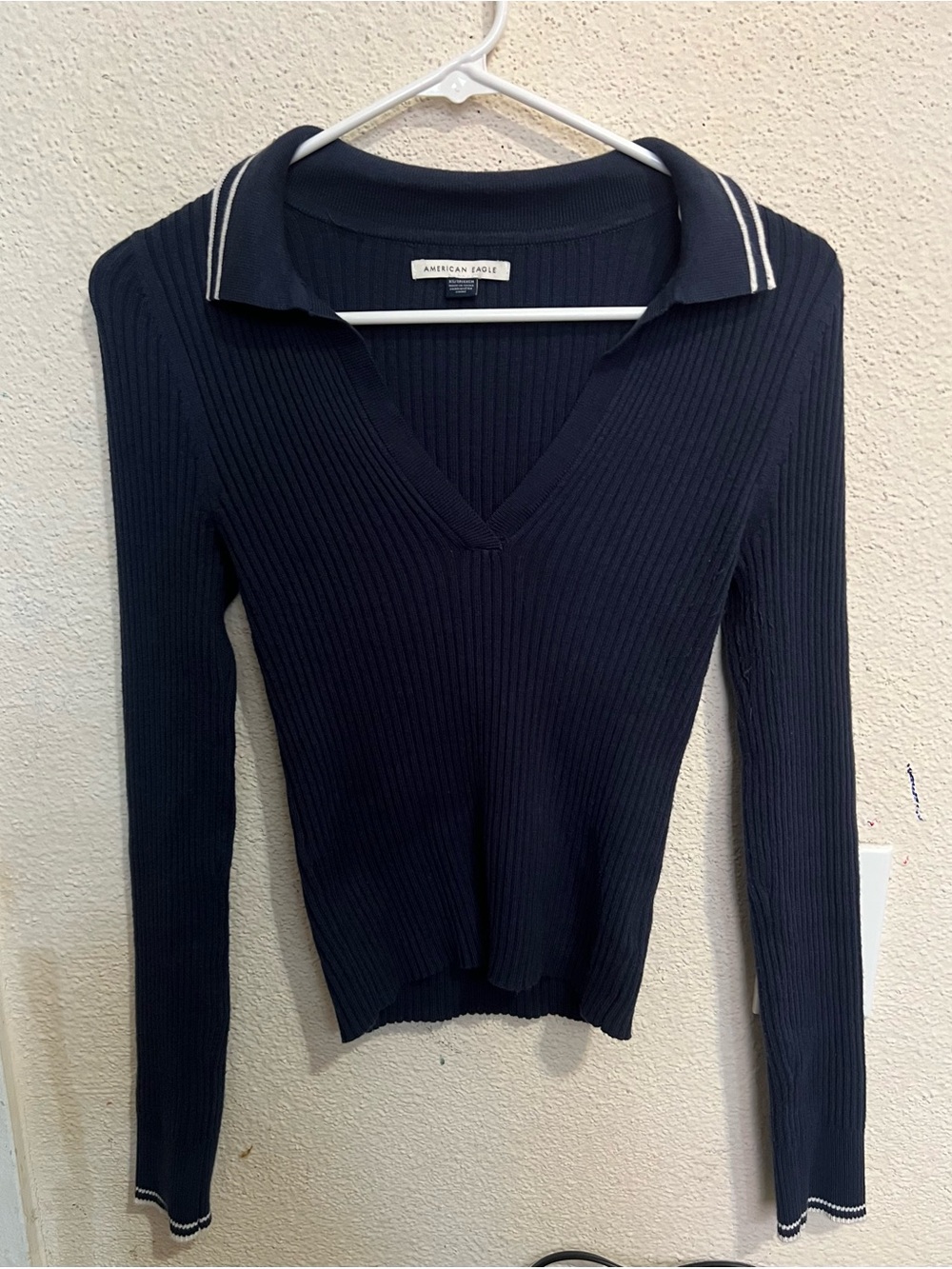 American Eagle Outfitters Navy Ribbed V-Neck Long Sleeve Top with Contrast Trim